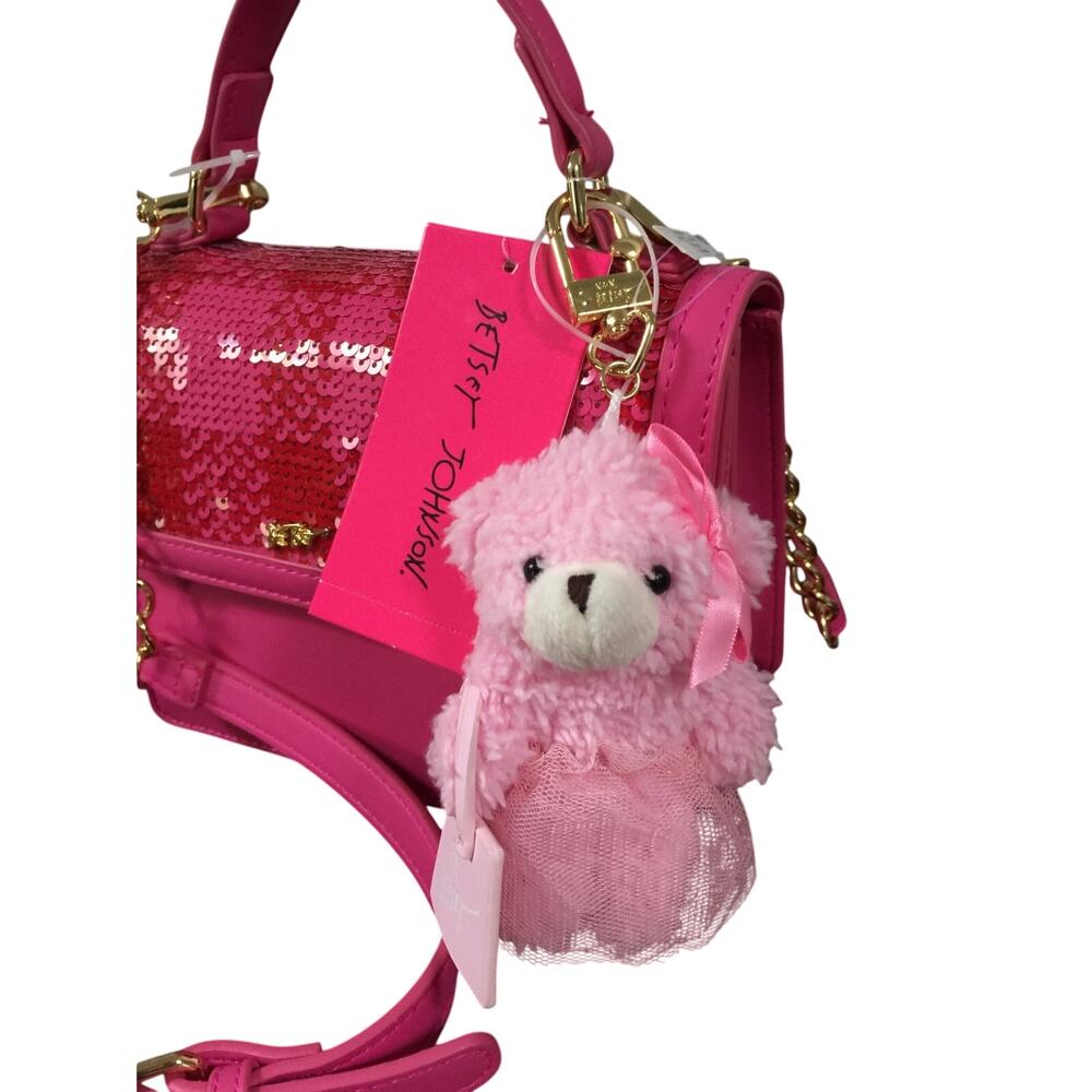 Betsey Johnson XOMYLO 2 Teddy Bear Charm Crossbody Bag Pink Sequin NWT - Picture 5 of 14